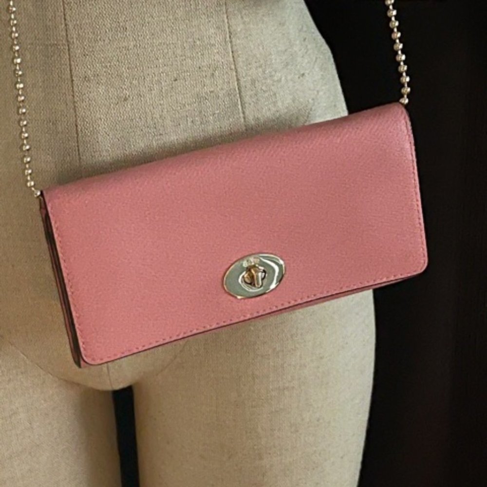 Coach Leather Bifold Clutch Wallet Rose Pink Turnlock Detachable Chain Dust Bag